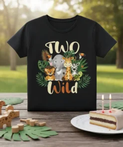 Two Wild birthday t-shirt featuring a cute elephant, giraffe, lion, zebra, and turtle surrounded by jungle leaves