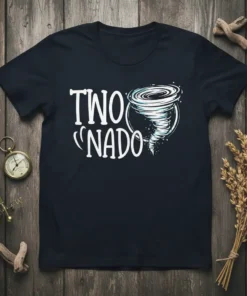 Black t-shirt with white text "TWO "NADO" and a cartoon tornado graphic, perfect for a two-year-old's birthday
