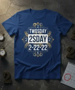 TWOSDAY 2SDAY 2-22-22 graphic t-shirt with gears and geometric border design
