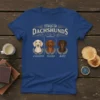 Types of Dachshunds t-shirt featuring illustrations of un-toasted, toasted, and burnt dachshunds with descriptive labels