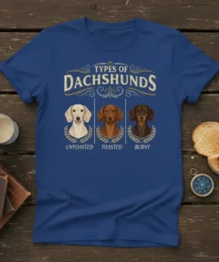 Types of Dachshunds t-shirt featuring illustrations of un-toasted, toasted, and burnt dachshunds with descriptive labels
