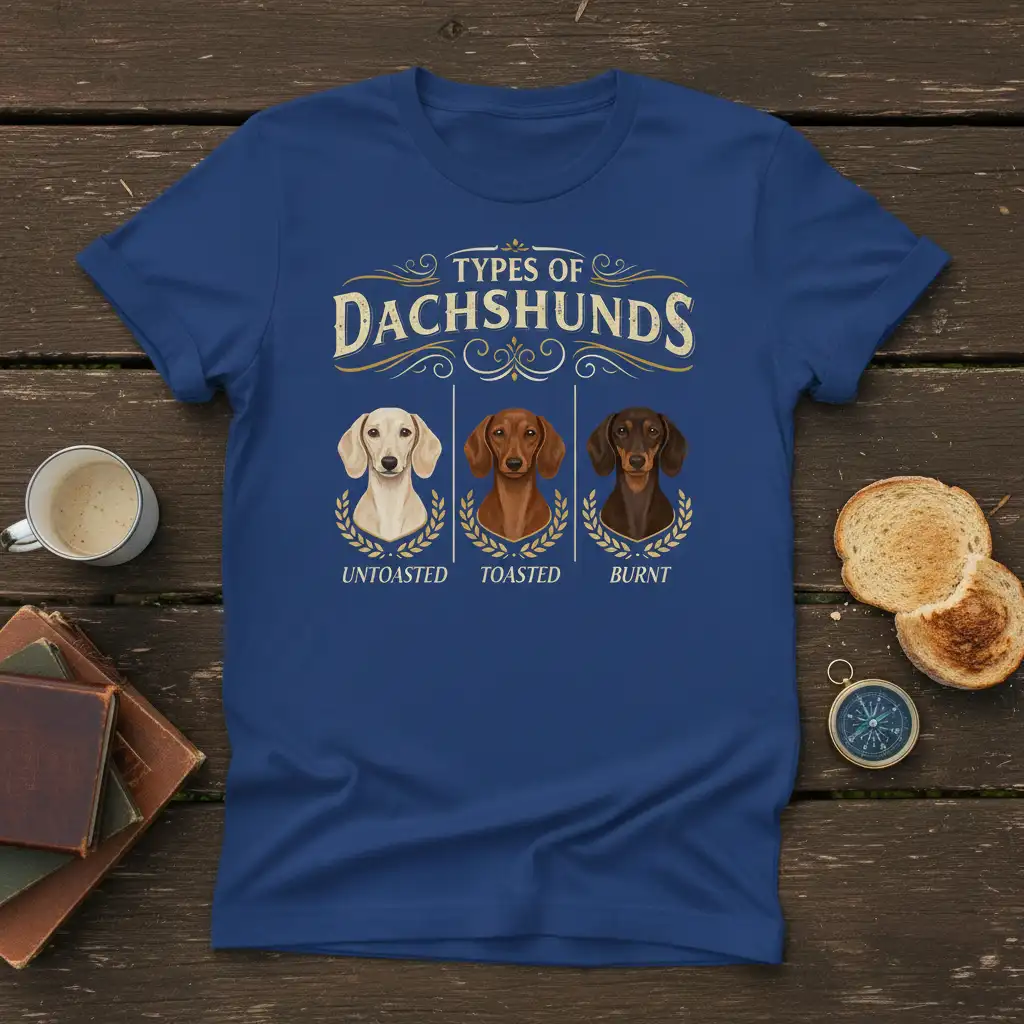 Types of Dachshunds shirt design showing un-toasted, toasted, and burnt dachshunds with vintage laurels