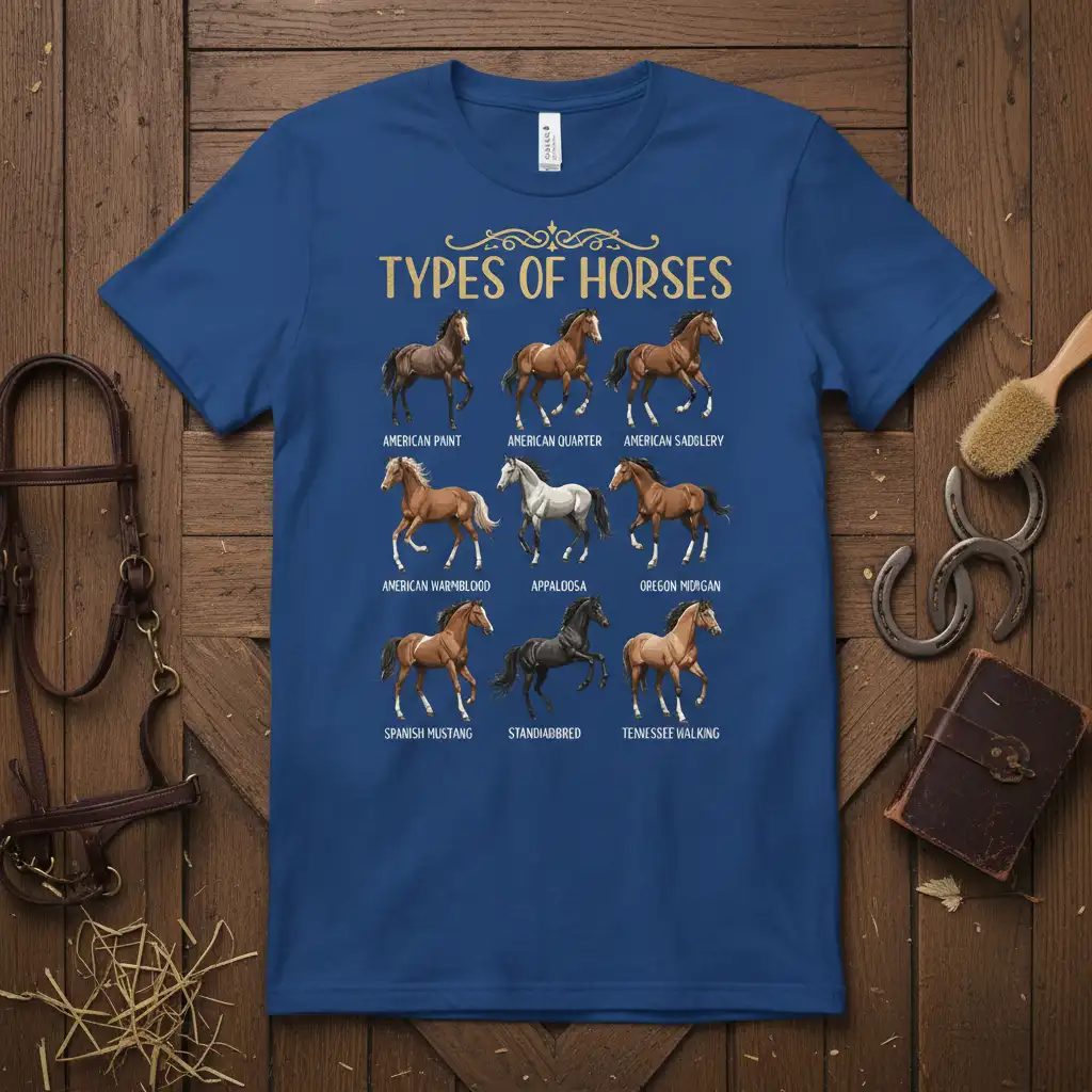 Detailed illustration of different horse breeds labeled as Types of Horses, including American Paint, Quarter, and Appaloosa