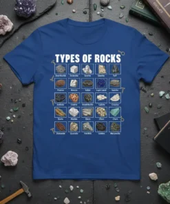 Types of Rocks t-shirt design with a chart of different rock samples and their names, perfect for geology students