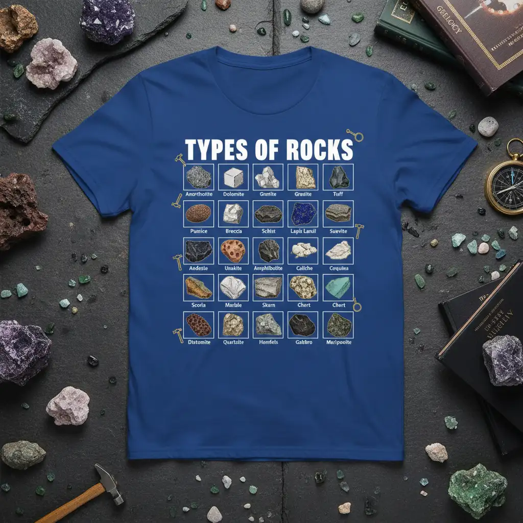 Types of Rocks t-shirt featuring a grid of geological samples and their names, ideal for earth science enthusiasts