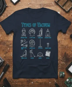T-shirt displaying a diagram of various types of vacuum cleaners including industrial, wet dry, steam, canister, and backpack vacuums