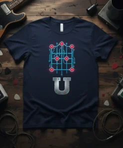 U Letter Circuit Design T-Shirt with a futuristic circuit board graphic and a metallic U
