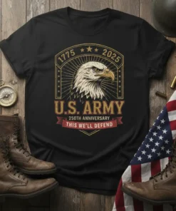 U.S. Army 250th Anniversary t-shirt with eagle graphic, "This We'll Defend" text, and dates 1775-2025
