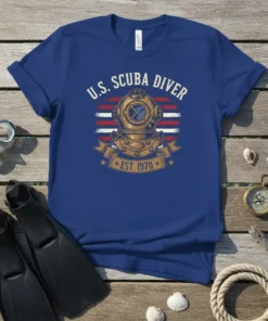 U.S. Scuba Diver Est. 1970 T-Shirt with vintage diving helmet graphic and American flag stripes