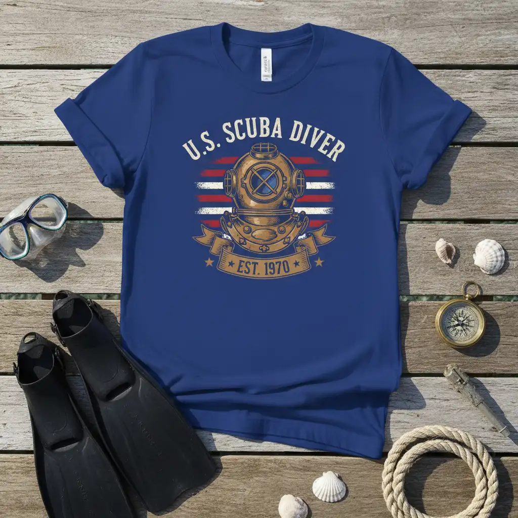 U.S. Scuba Diver Est. 1970 vintage diving helmet design with patriotic stripes on a blue tee