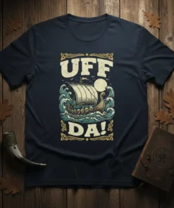 UFF DA! text above a Viking ship illustration sailing on rough seas, with a moon in the background