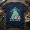 UFO Cat Selfie! Aliens Are Here! text with a cat taking a selfie under a UFO design on a navy