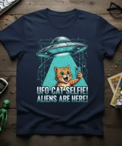 UFO Cat Selfie! Aliens Are Here! text with a cat taking a selfie under a UFO design on a navy