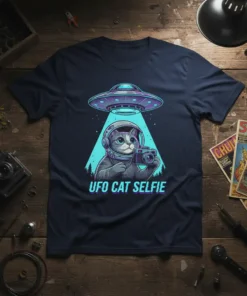 UFO Cat Selfie t-shirt design showing a cat in a spacesuit taking a selfie with a UFO overhead