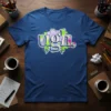 Graffiti-style "ugh." text design with lightning bolts and splatters on a blue t-shirt