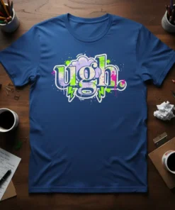 Graffiti-style "ugh." text design with lightning bolts and splatters on a blue t-shirt