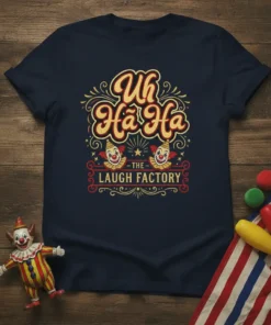 Uh Hâ Ha The Laugh Factory text with clown graphics on a navy t-shirt, circus theme