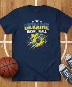 Ukraine Basketball t-shirt design with national colors, shield graphic, and basketball icon