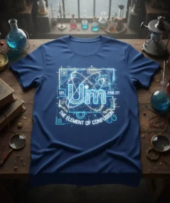 Blue t-shirt featuring the text "Um The Element Of Confusion" in a neon science-inspired graphic design