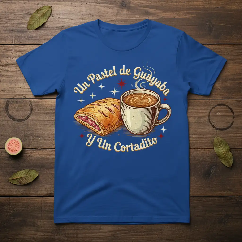 Un Pastel de Guayaba Y Un Cortadito text design featuring guava pastry and cortadito coffee illustration