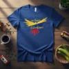 Blue t-shirt with "un toque Colombiano" text and Colombian flag colors forming a bird graphic