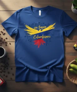 Blue t-shirt with "un toque Colombiano" text and Colombian flag colors forming a bird graphic