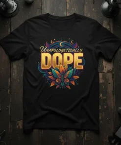 Unapologetically DOPE quote on a black t-shirt with a colorful lotus graphic and celestial accents