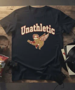 Unathletic T-Shirt with a vintage-style winged sloth graphic and distressed text