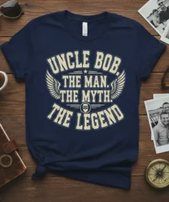 UNCLE BOB. THE MAN. text design featuring detailed typography on quality t-shirt