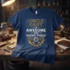 Navy blue t-shirt with "UNCLE GARY IS AWESOME AND KNOWS THINGS" text and steampunk gear graphic