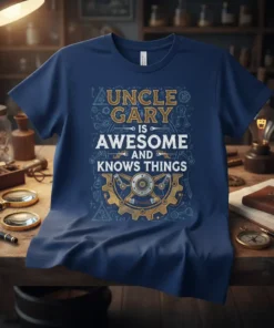 Navy blue t-shirt with "UNCLE GARY IS AWESOME AND KNOWS THINGS" text and steampunk gear graphic
