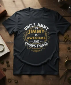 UNCLE JIMMYISJIMMYISAWESOMEANDKNOWSTHINGS eye-catching graphic design printed on comfortable cotton t-shirt