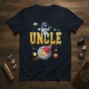 Uncle Space Astronaut Rocket T-Shirt featuring an astronaut with a telescope and a rocket near the moon