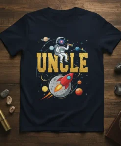 Uncle Space Astronaut Rocket T-Shirt featuring an astronaut with a telescope and a rocket near the moon