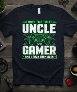 T-shirt with green text "I HAVE TWO TITLES: UNCLE AND GAMER AND I ROCK THEM BOTH" and a video game