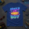 Uncle of the Birthday Boy text in neon blue and pink with yellow 'Birthday' banner and green circuit board 'Boy'