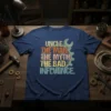 Uncle. The Man. The Myth. The Bad Influence. text design with wrench and gear graphic on a navy blue t-shirt