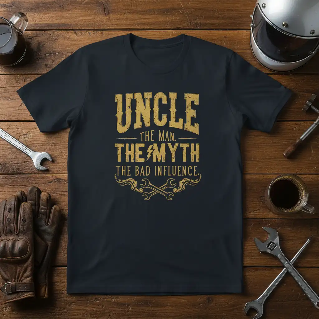UNCLE THE MAN. THE MYTH THE BAD INFLUENCE quote with distressed gold typography and wrench graphics