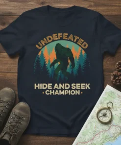 Undefeated Hide and Seek Champion Bigfoot t-shirt with vintage forest graphic and bold text