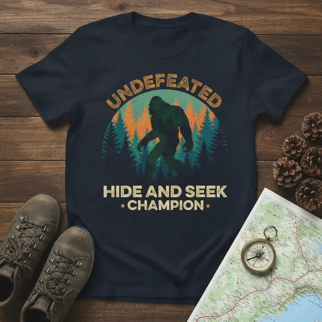 Undefeated Hide and Seek Champion Bigfoot graphic tee with vintage forest sunset design and bold typography