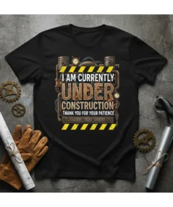 Black t-shirt with "I Am Currently Under Construction Thank You For Your Patience" text in distressed industrial font, featuring gears