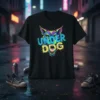 Under Dog text with a vibrant, aggressive wolf head graphic on a black t-shirt, street art style