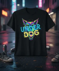 Under Dog text with a vibrant, aggressive wolf head graphic on a black t-shirt, street art style