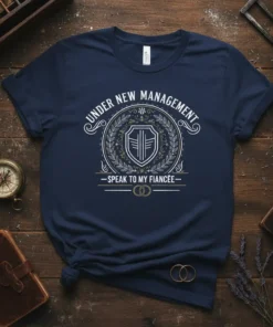 Navy t-shirt with "Under New Management Speak to My Fiancée" text and a shield graphic, indicating an engaged couple's status