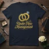 Under New Management wedding quote on a navy t-shirt with gold rings and diamond graphic