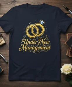 Under New Management wedding quote on a navy t-shirt with gold rings and diamond graphic