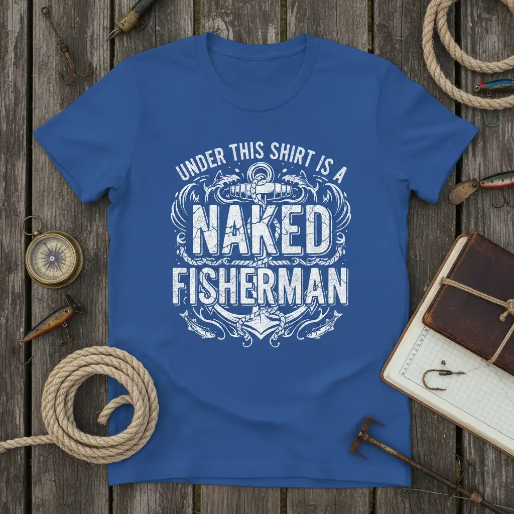 Under This Shirt Is A Naked Fisherman quote with anchor graphic on a blue t-shirt