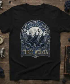 T-shirt design featuring three wolves howling under a full moon with the text "Under A Full Moon Three Wolves"