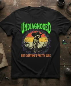 T-shirt with "UNDIAGNOSED BUT EVERYONE'S PRETTY SURE" text and a cowboy raccoon graphic