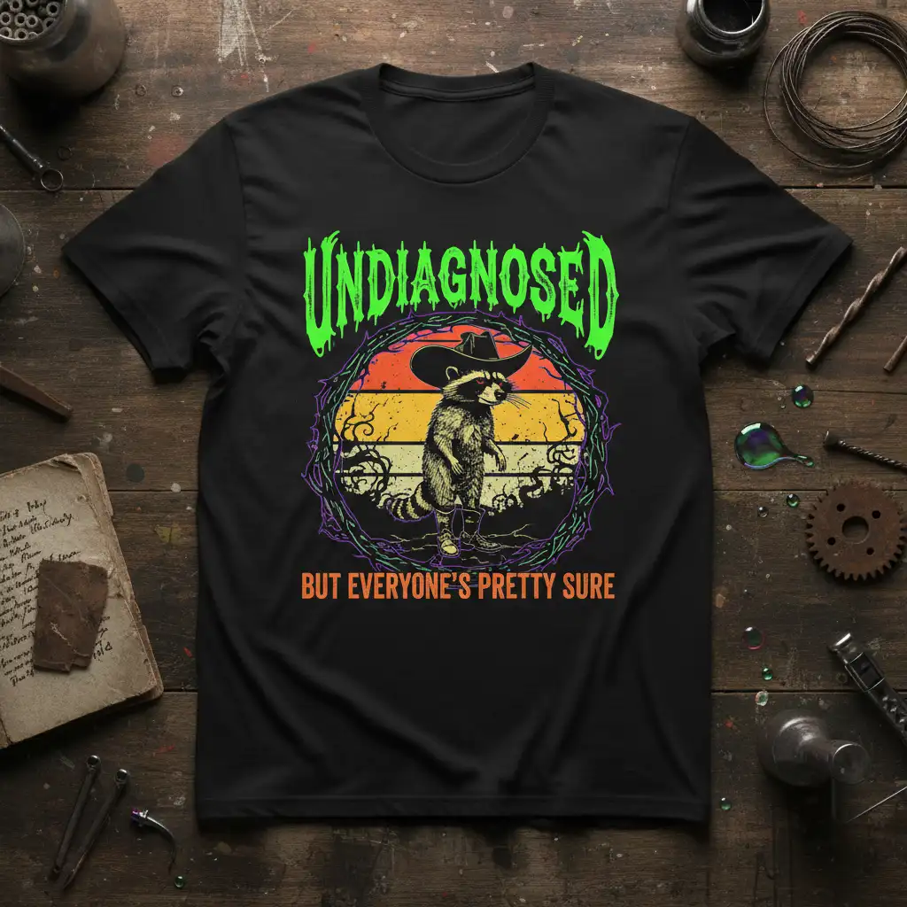Undiagnosed But Everyone's Pretty Sure humorous quote with a cowboy raccoon graphic on a black t-shirt